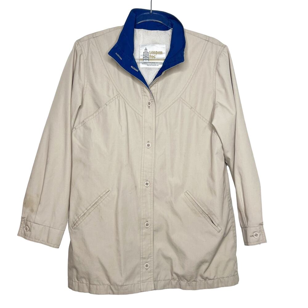 LONDON FOG Coat Button Front Relaxed Fit Twill Mock Neck Beige Size 12 Regular